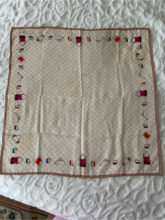 Celine Accessories - Celine Beige Silk Scarf with Pink accent and Multicolor Bag Motif